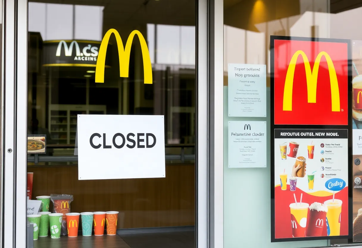 Closed sign on a McDonald's CosMc's storefront with beverage cups