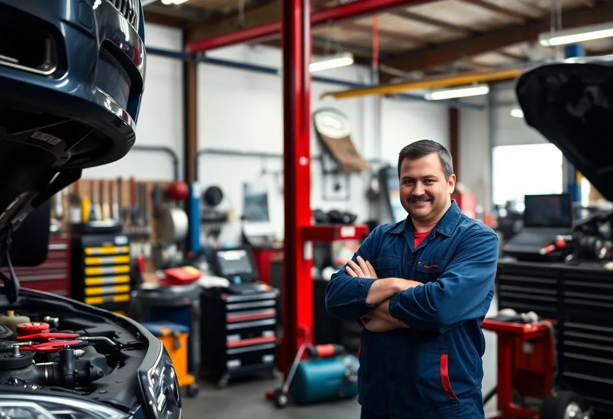 A well-equipped mechanic workshop with tools and vehicle parts.