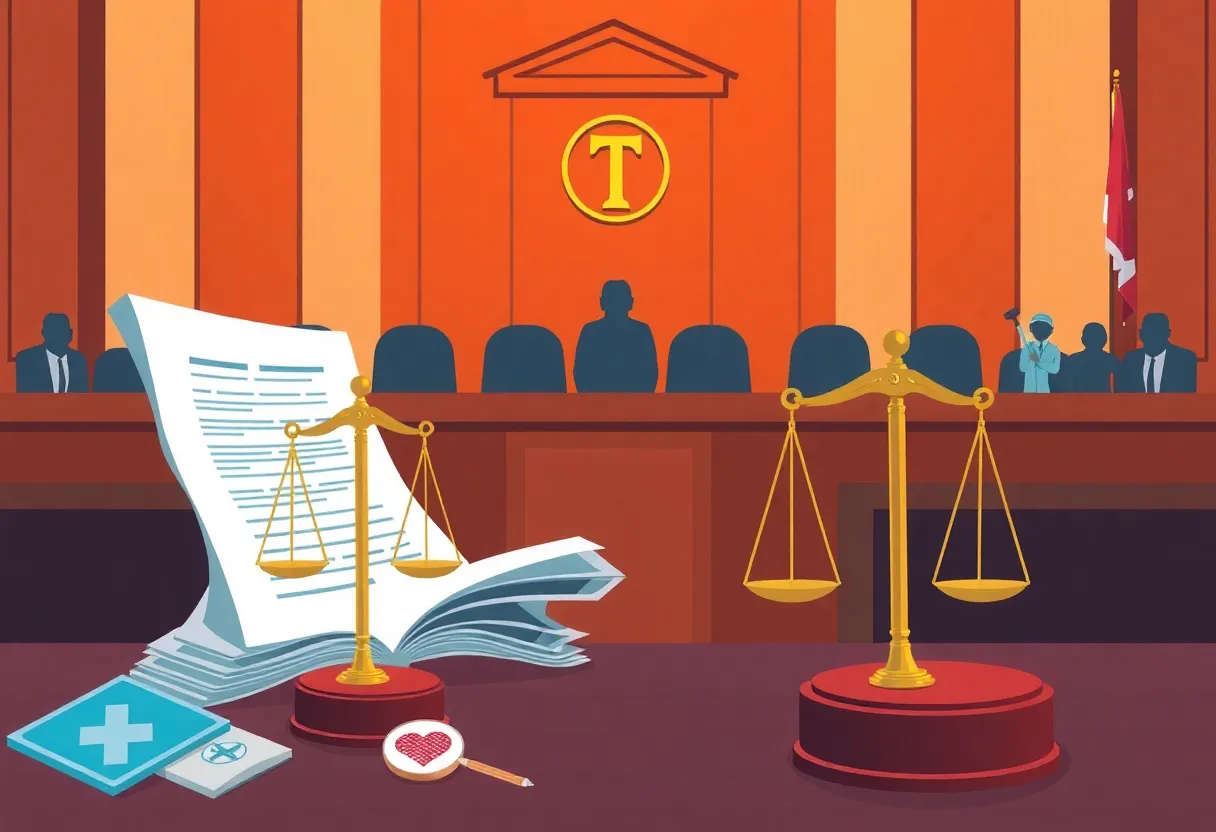 Illustration of a courtroom with justice scales and healthcare symbols representing a fraud case.