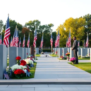 A memorial site dedicated to Korean War veterans with flags and flowers.