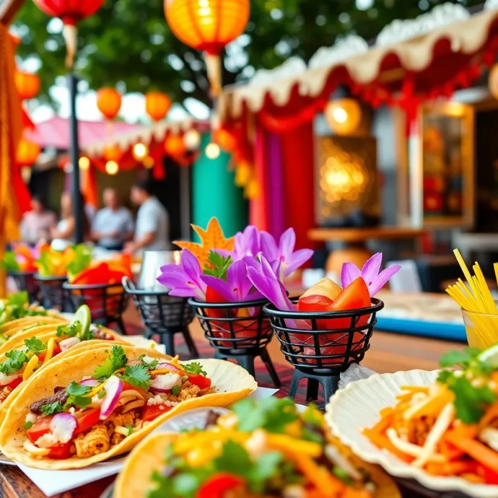 Vibrant Mexican cuisine event with colorful tacos and cultural decorations