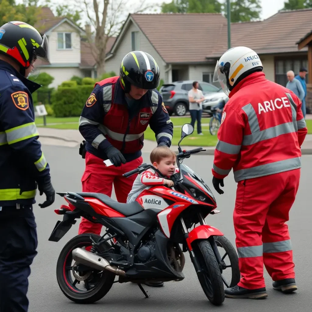 Emergency responders attending to a child injured in a minibike accident.