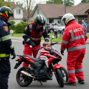 Emergency responders attending to a child injured in a minibike accident.