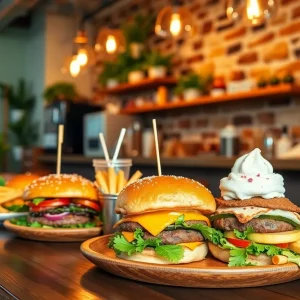 A plant-based restaurant showcasing burgers and sandwiches.