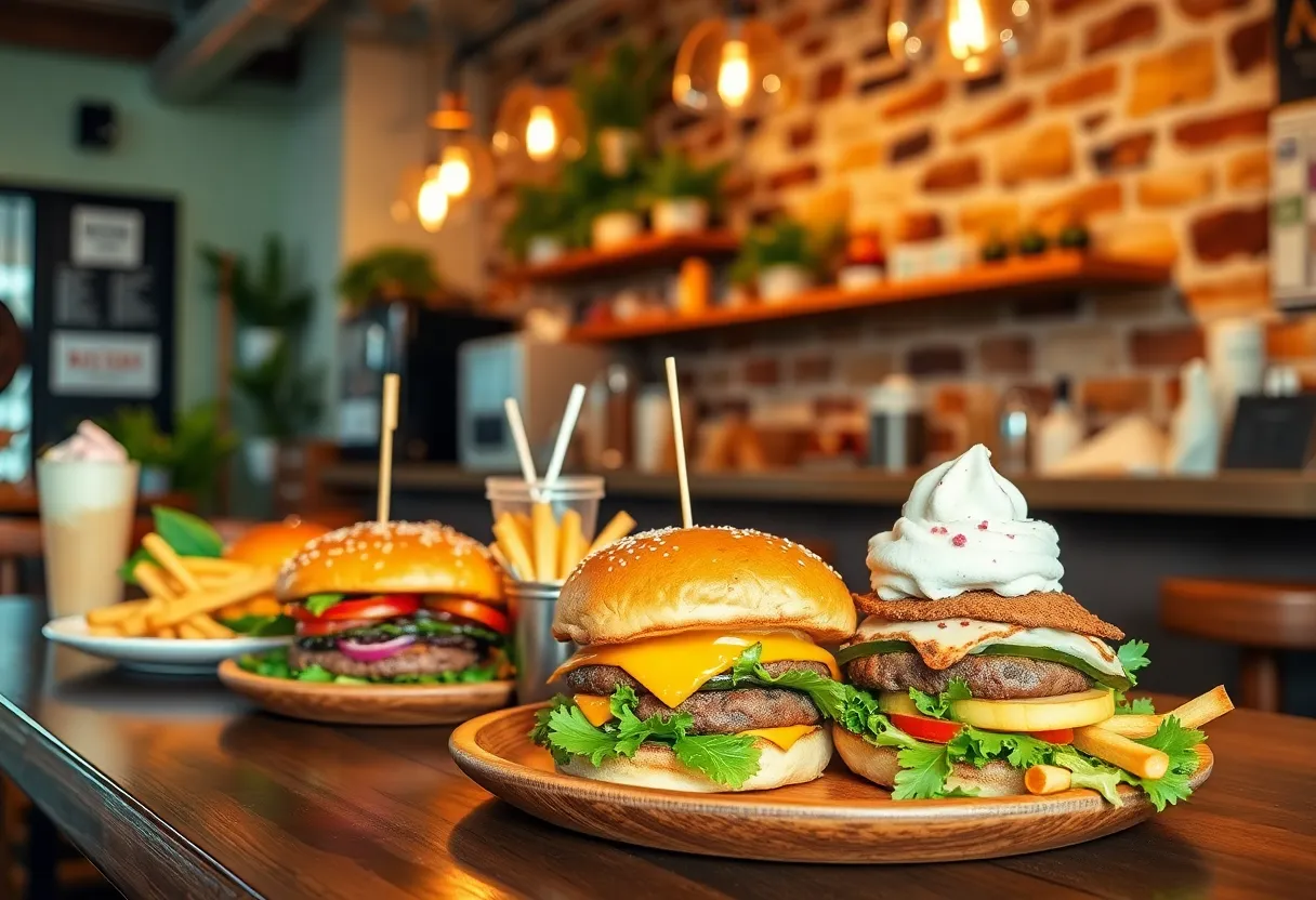 A plant-based restaurant showcasing burgers and sandwiches.