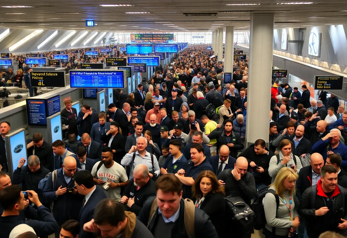 Crowded terminal at Newark Airport during flight delays