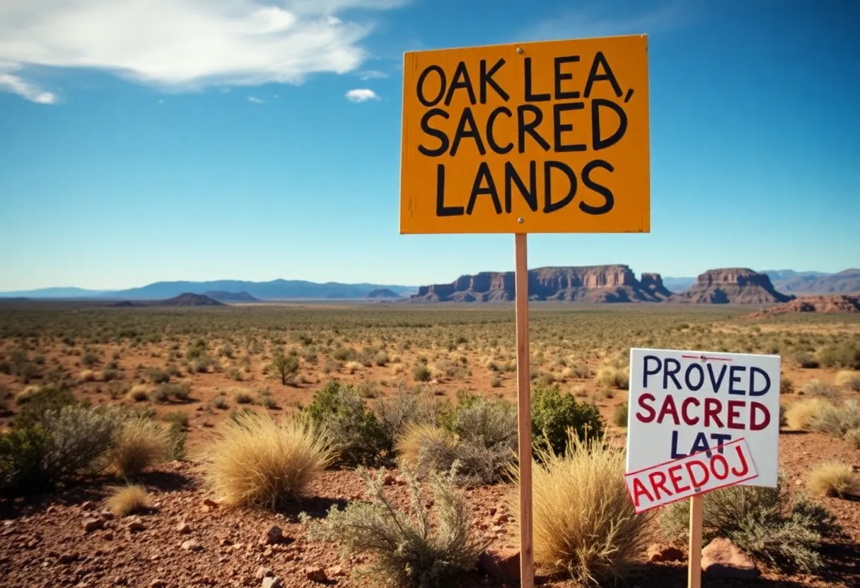 Scenic view of Oak Flat with protest signs in the foreground