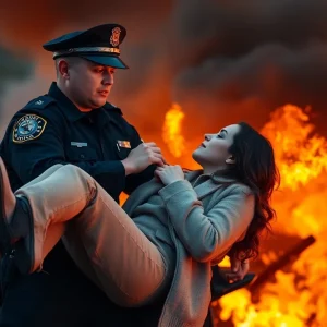 Officer rescuing woman from a burning vehicle