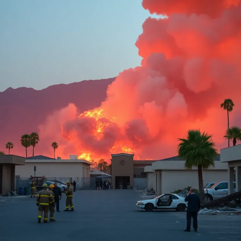 Aftermath of the Palm Springs explosion showing smoke and debris.