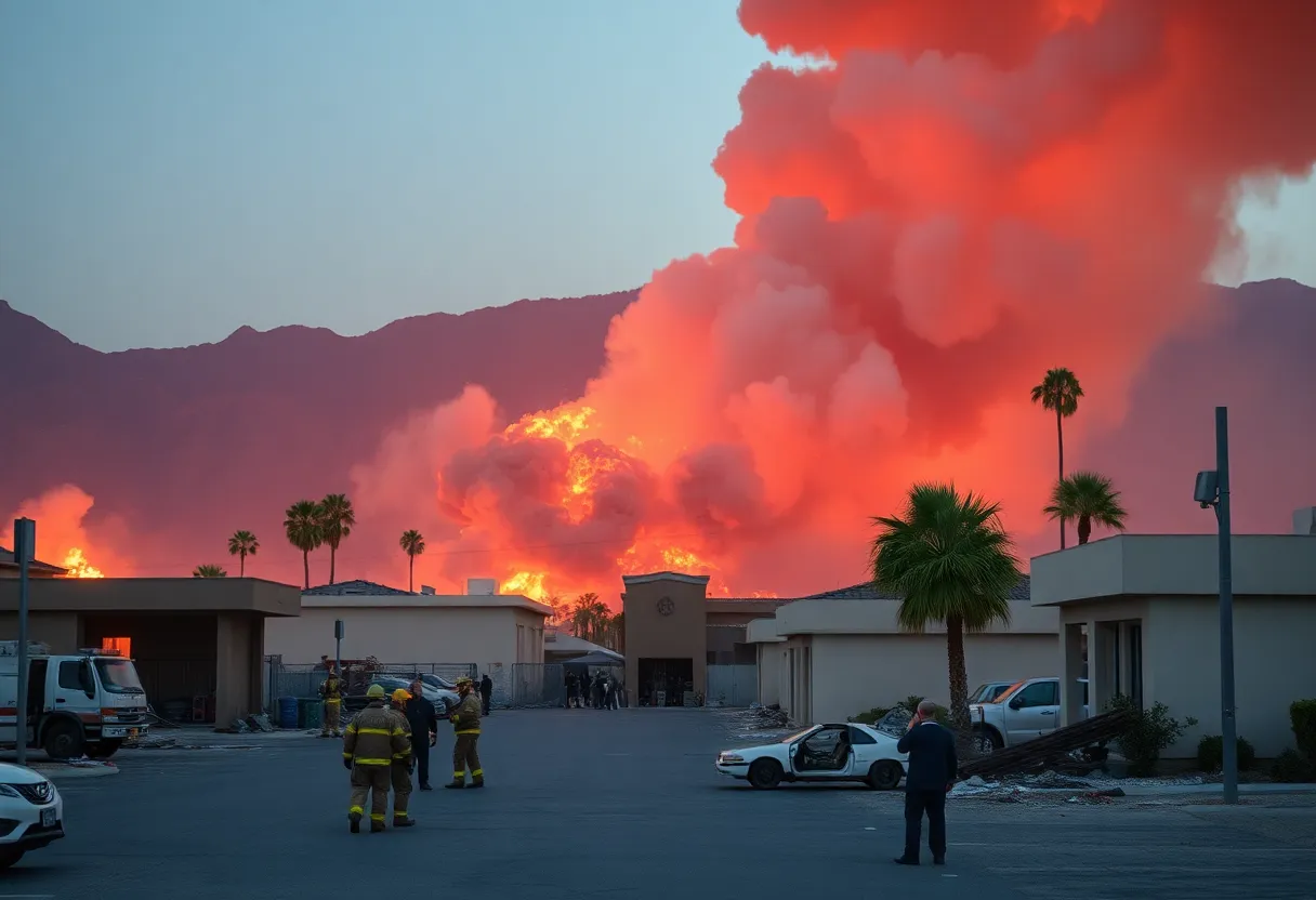 Aftermath of the Palm Springs explosion showing smoke and debris.