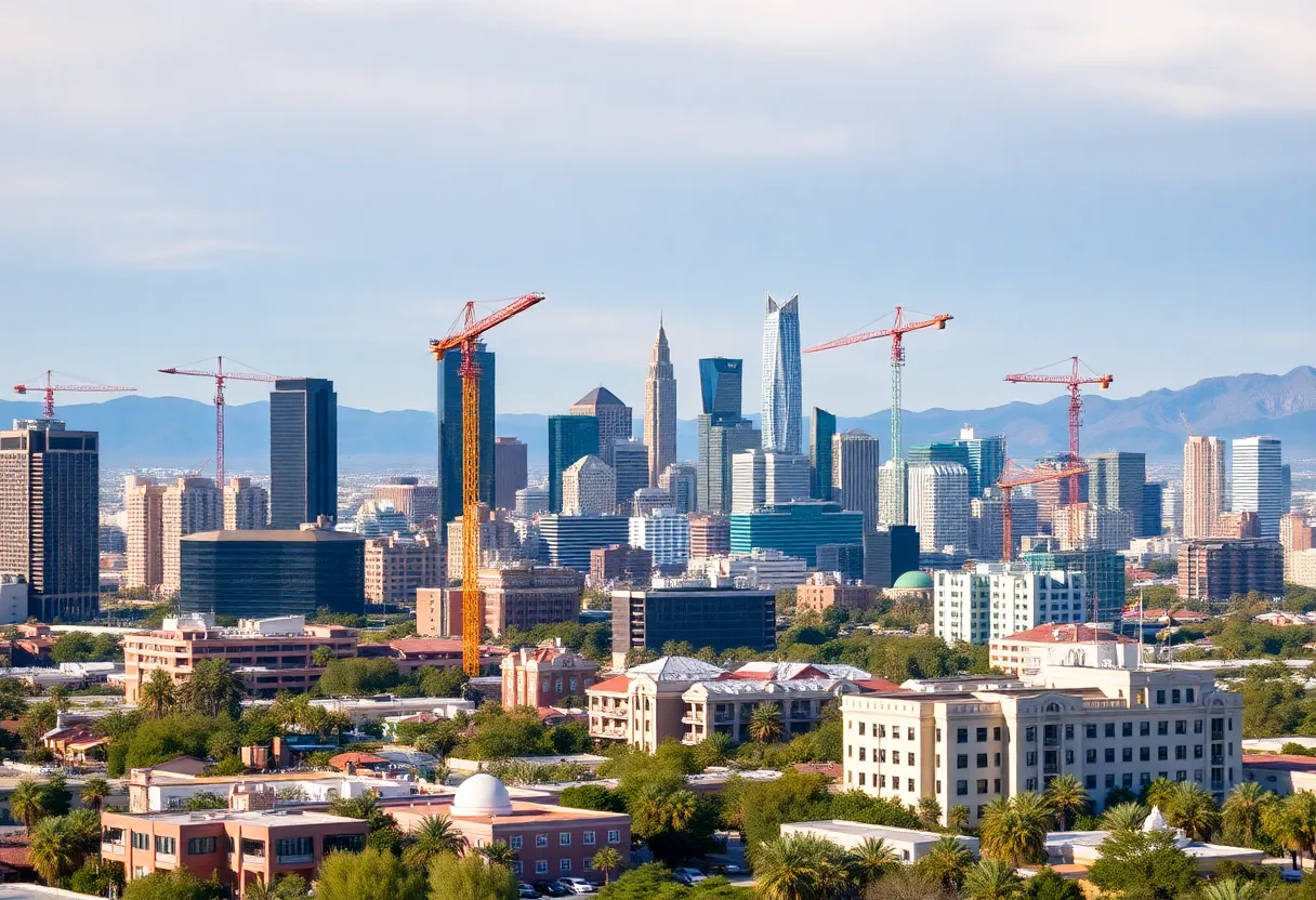 Skyline of Phoenix with construction cranes symbolizing business investment