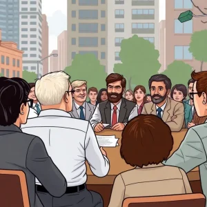 Illustration of a city council meeting discussing budget approvals