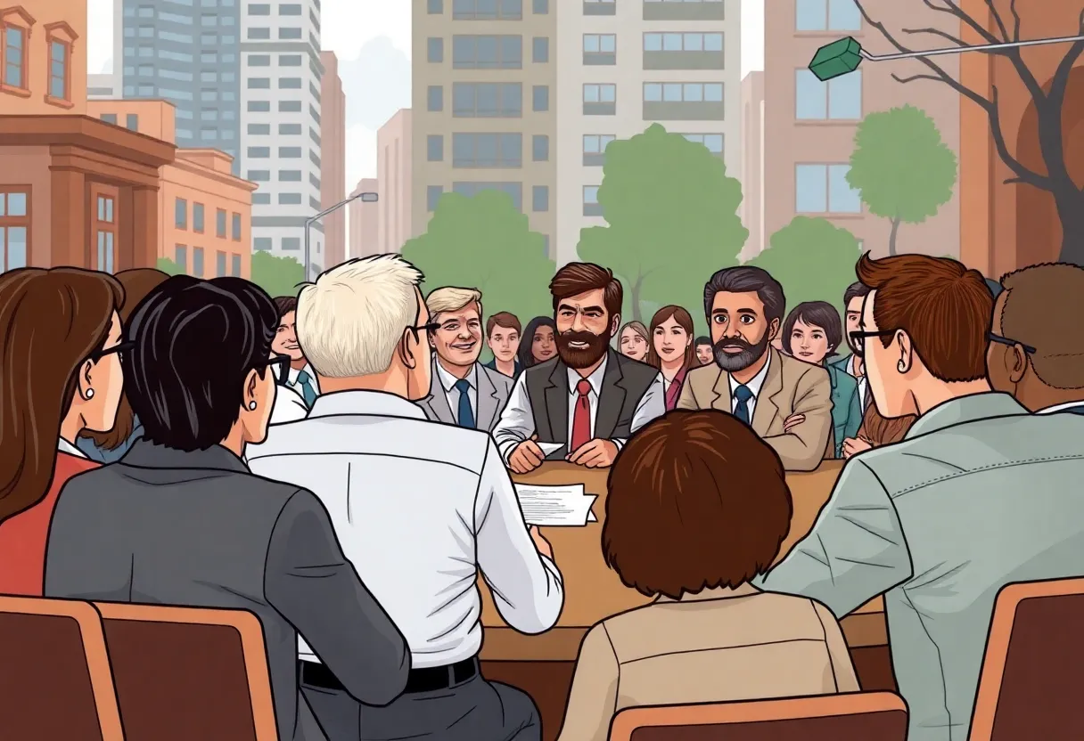 Illustration of a city council meeting discussing budget approvals