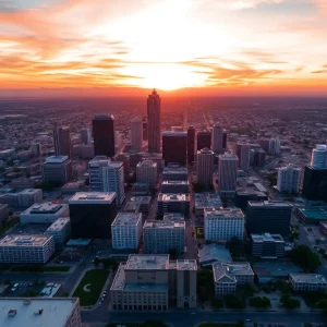 Aerial view of Phoenix, Arizona skyline during sunset