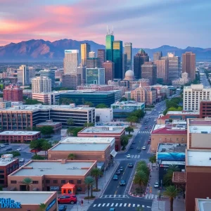 Aerial view of Phoenix showcasing economic development with skyscrapers and busy streets.
