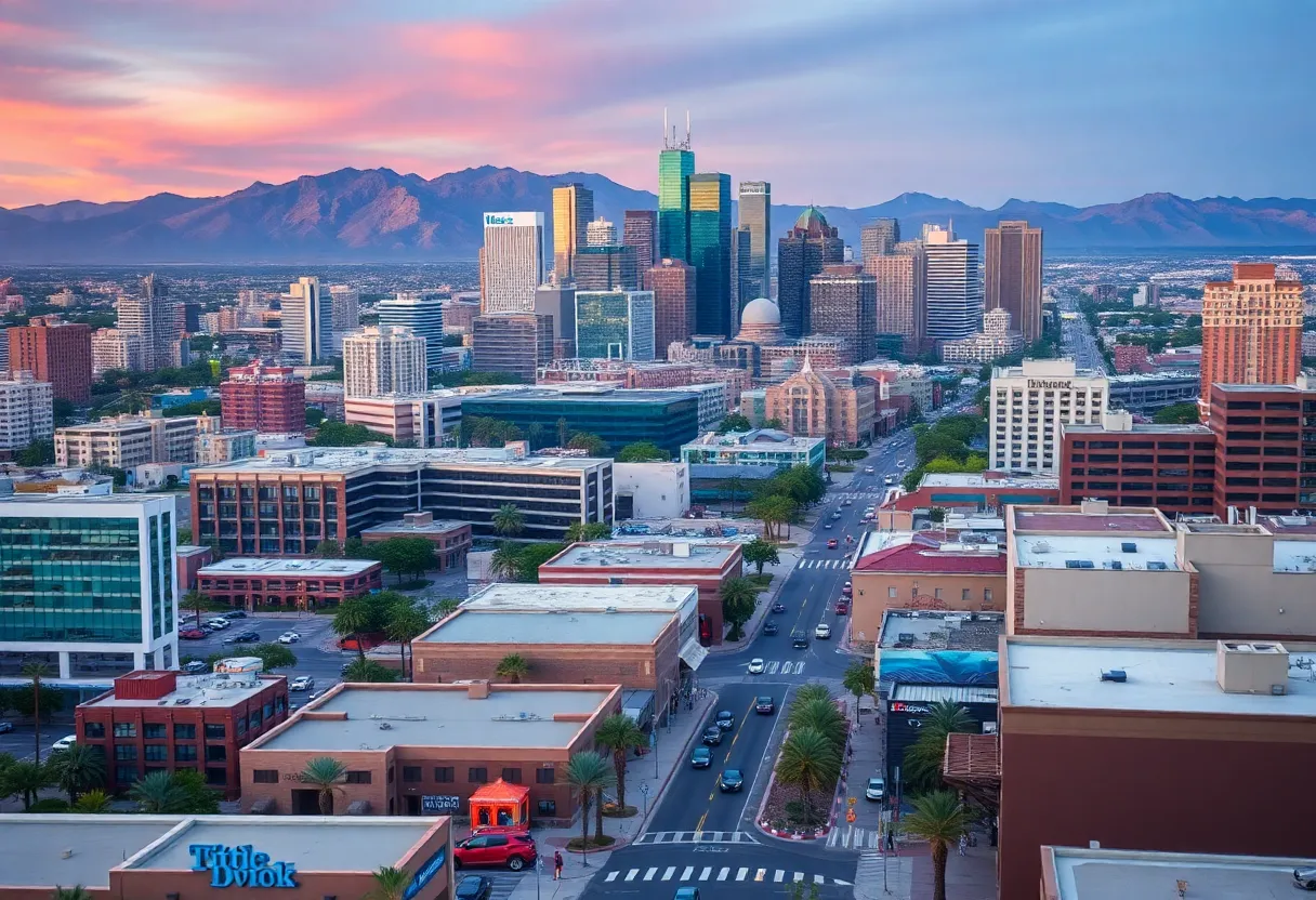 Aerial view of Phoenix showcasing economic development with skyscrapers and busy streets.