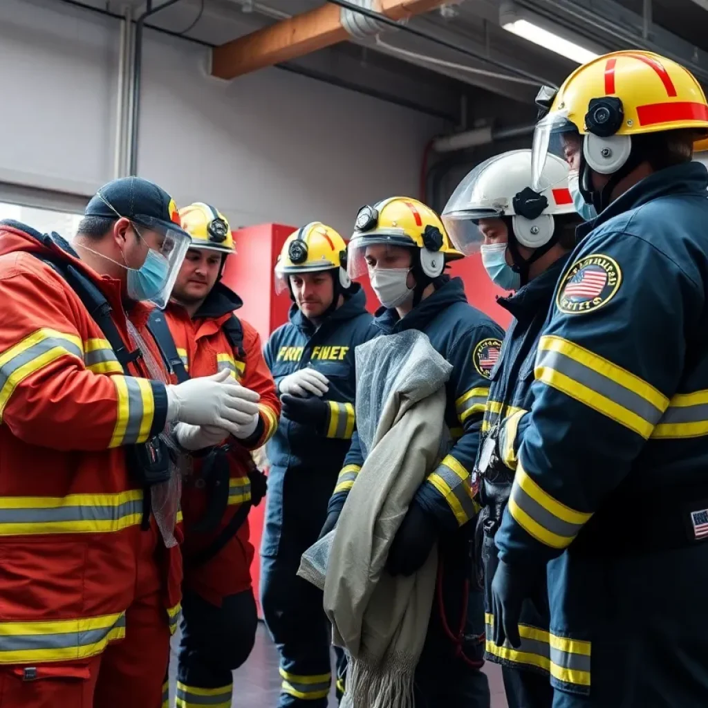 Phoenix firefighters examining cleaned firefighting gear in a firehouse