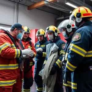 Phoenix firefighters examining cleaned firefighting gear in a firehouse