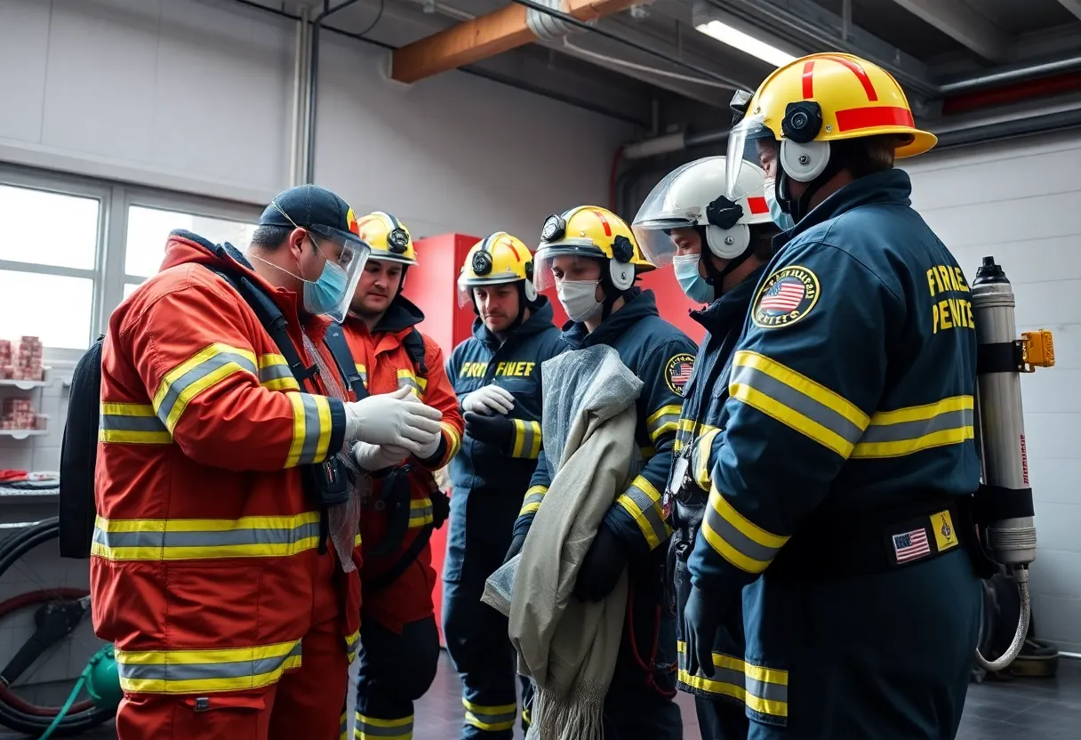 Phoenix firefighters examining cleaned firefighting gear in a firehouse
