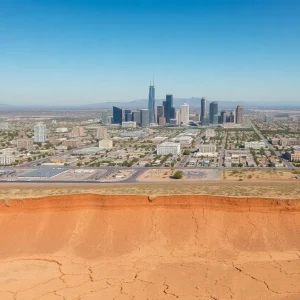 Aerial view of Phoenix showing infrastructure damage due to groundwater sinking