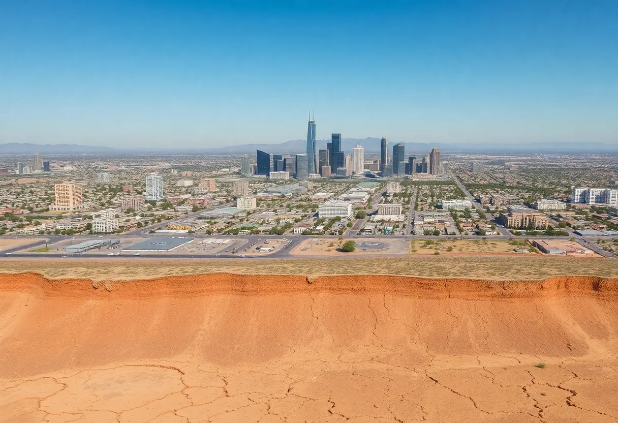 Aerial view of Phoenix showing infrastructure damage due to groundwater sinking