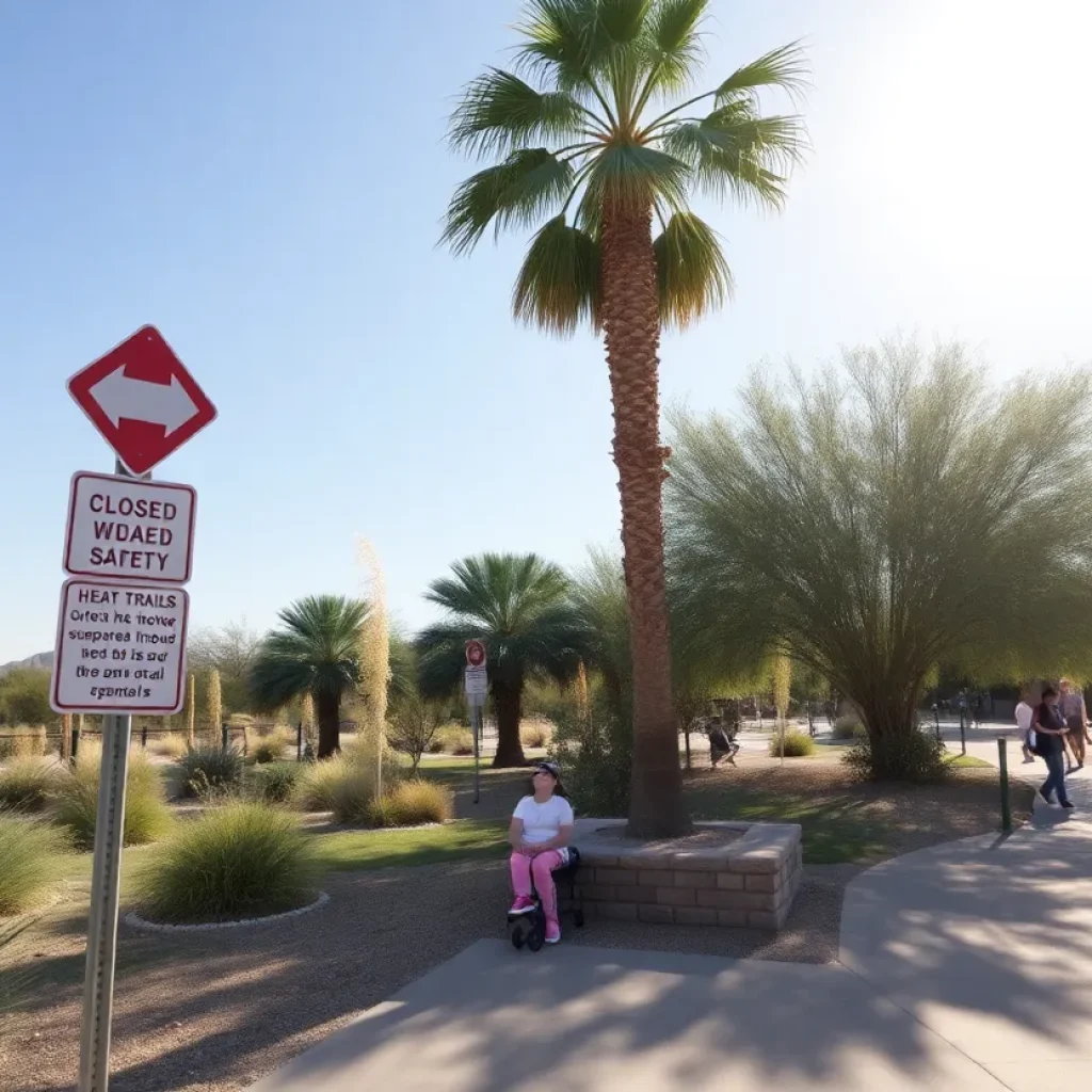 Trails closed sign in Phoenix due to extreme heat with people in the background