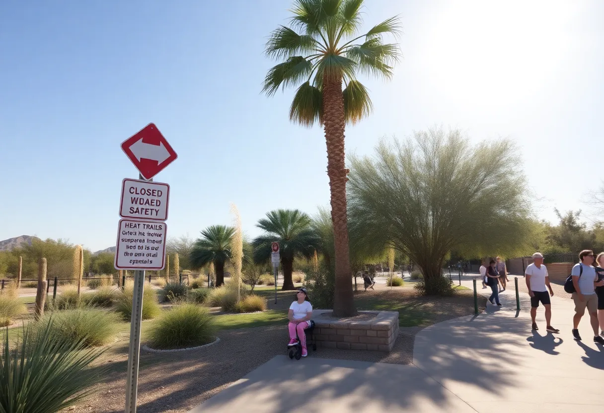 Trails closed sign in Phoenix due to extreme heat with people in the background