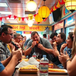 Spectators enjoy a hot dog eating contest at Sidewinder Diner in Phoenix.