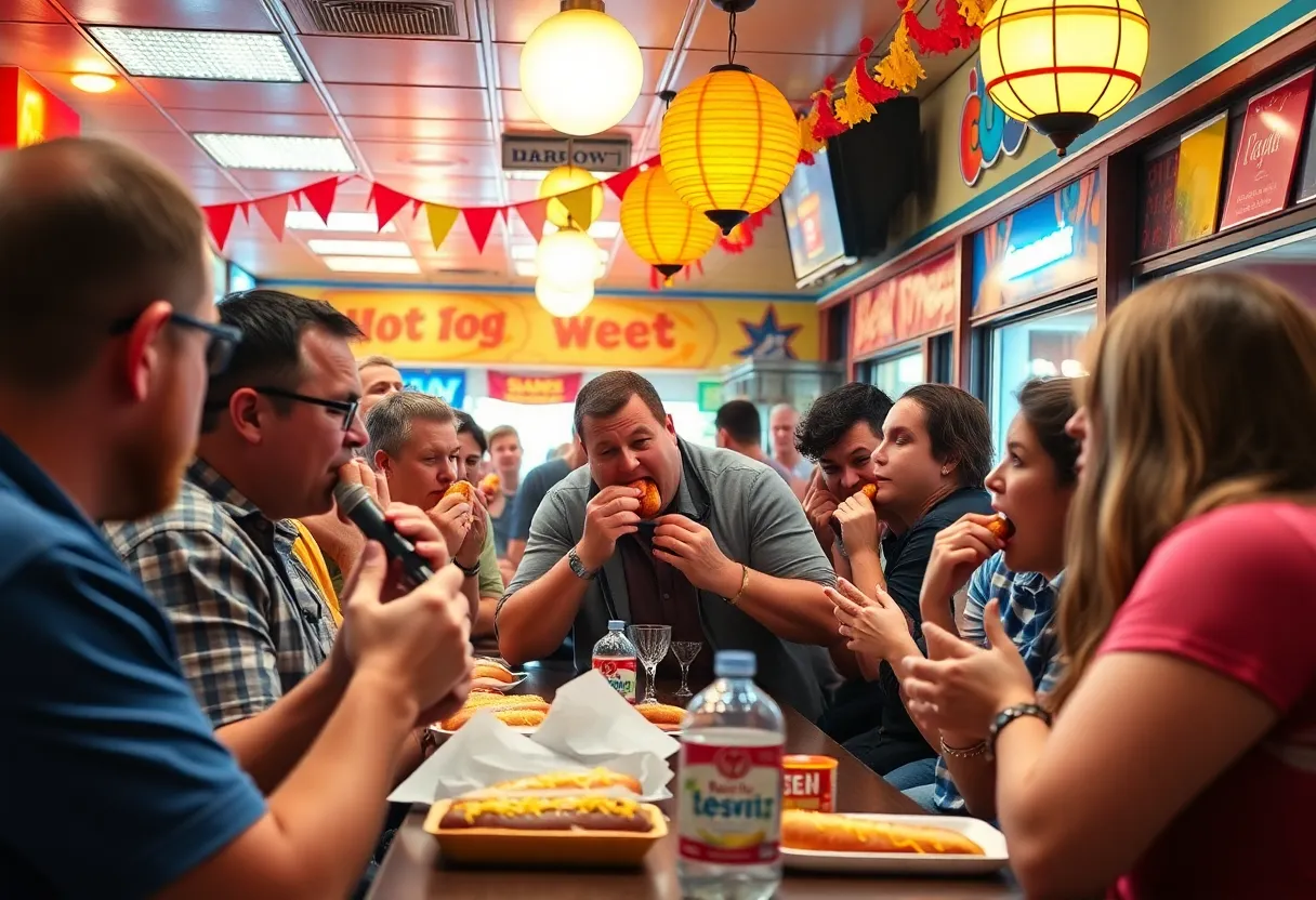 Spectators enjoy a hot dog eating contest at Sidewinder Diner in Phoenix.