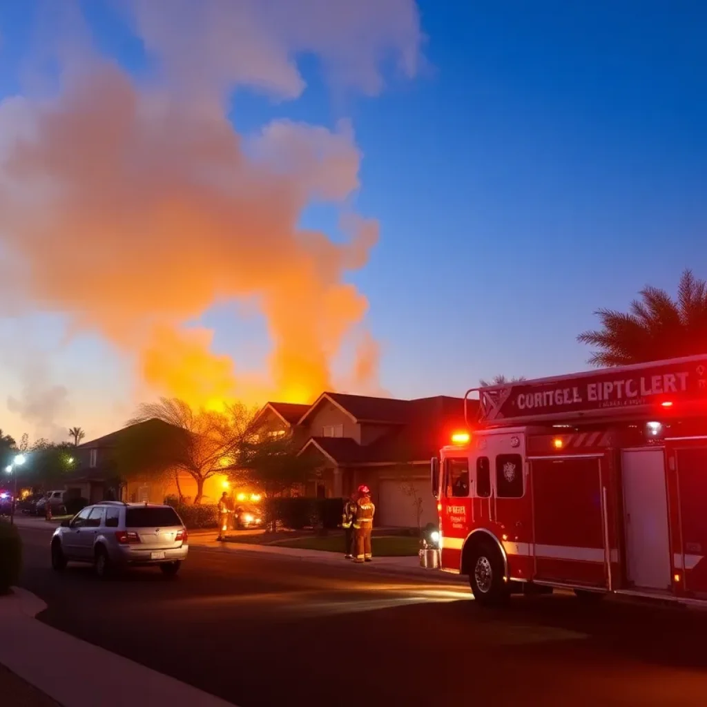 Firefighters responding to a house fire in Phoenix at night.