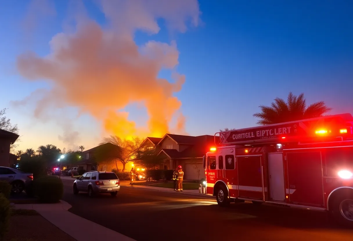 Firefighters responding to a house fire in Phoenix at night.