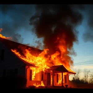 Flames engulfing a residential house in Phoenix with firefighters working on the scene.