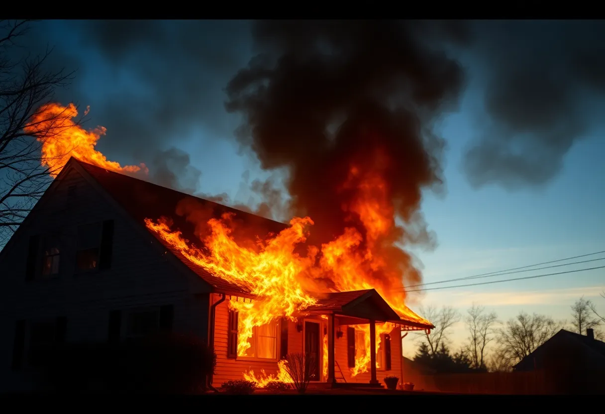 Flames engulfing a residential house in Phoenix with firefighters working on the scene.