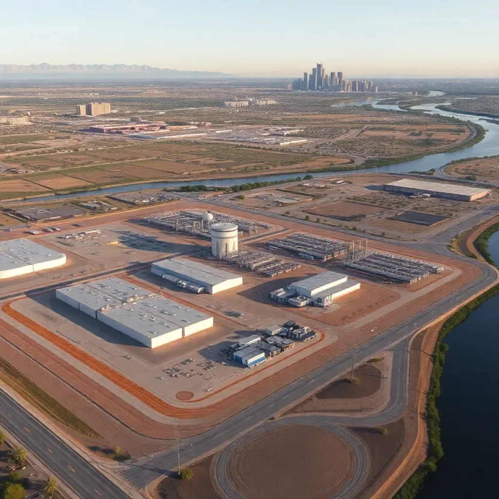 Aerial view of an industrial property in Phoenix near the Rio Salado River