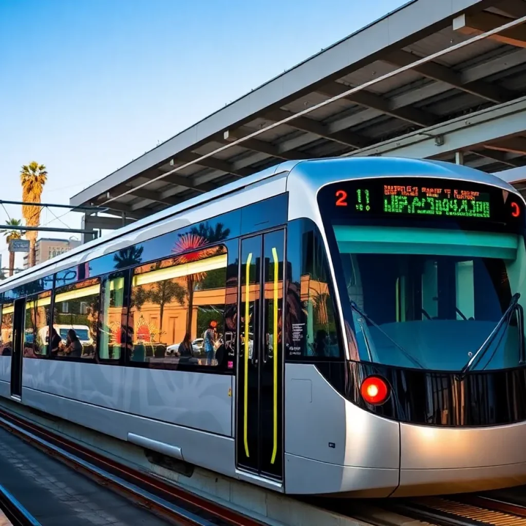 Light rail train in Phoenix with public art