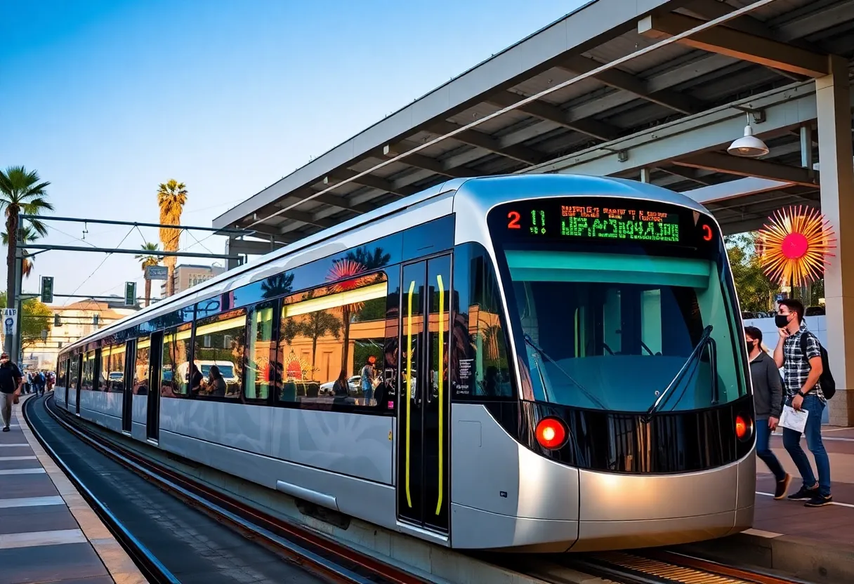 Light rail train in Phoenix with public art