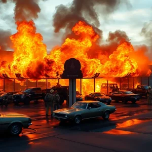 Firefighters battling a blaze at muscle car showroom in Phoenix.