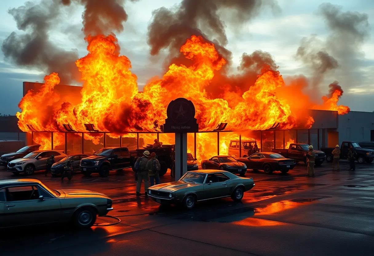 Firefighters battling a blaze at muscle car showroom in Phoenix.