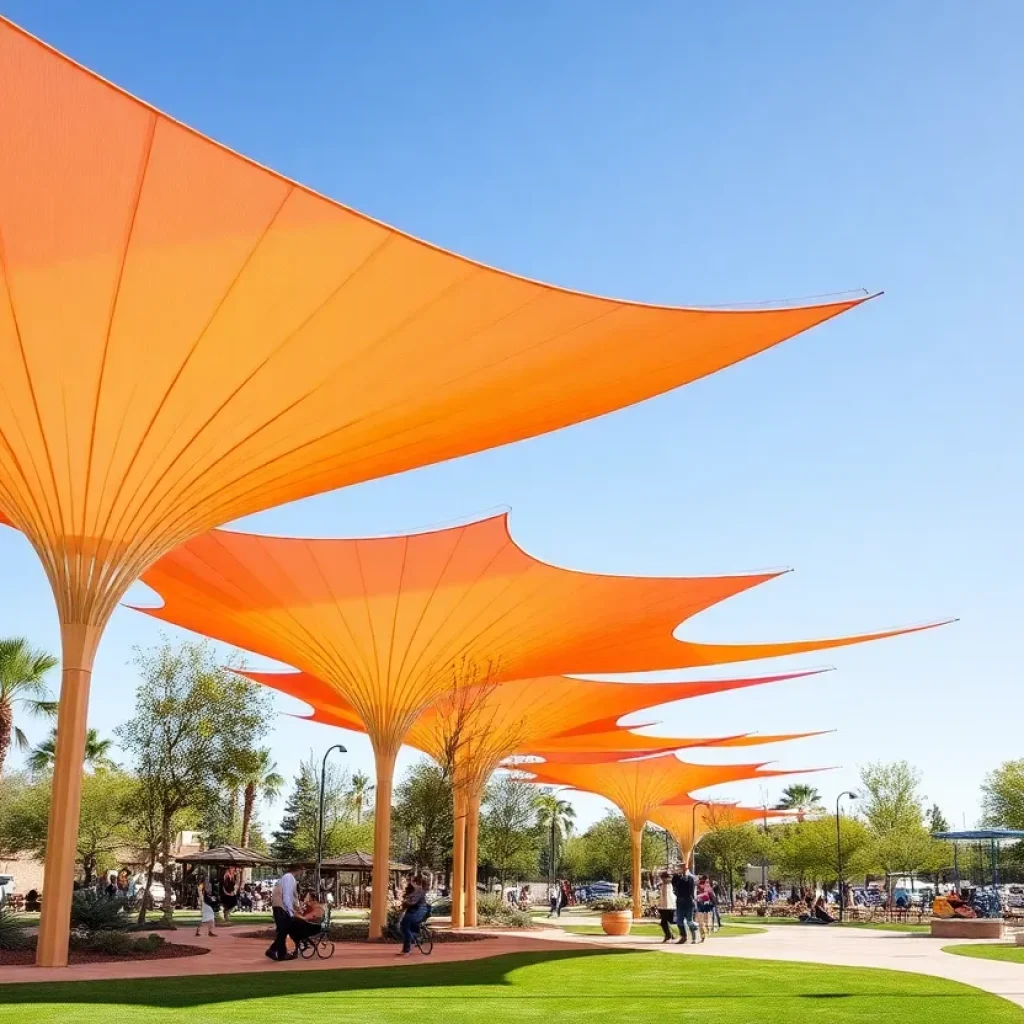 Artistic shade structures in a Phoenix park providing relief from the sun.