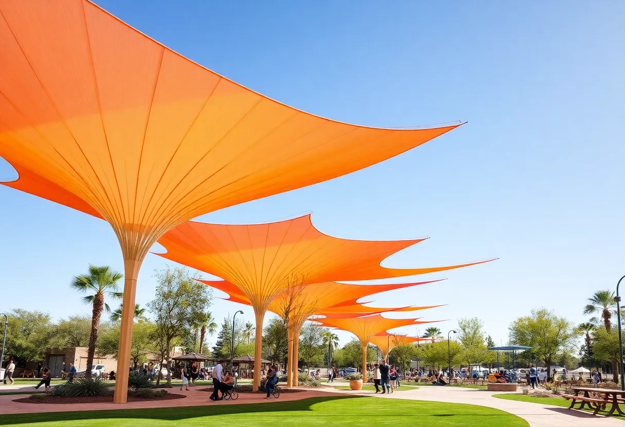 Artistic shade structures in a Phoenix park providing relief from the sun.