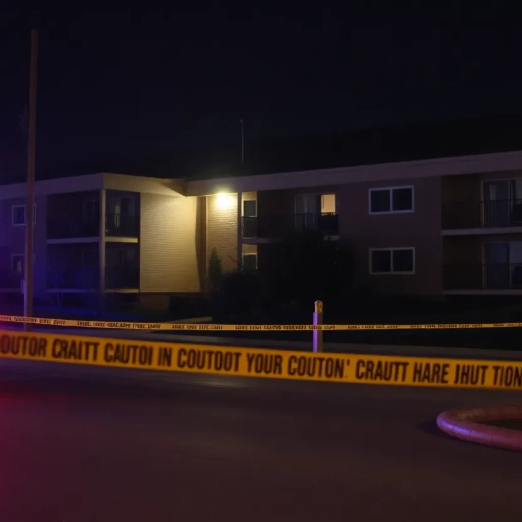 Police lights illuminating an apartment complex at night