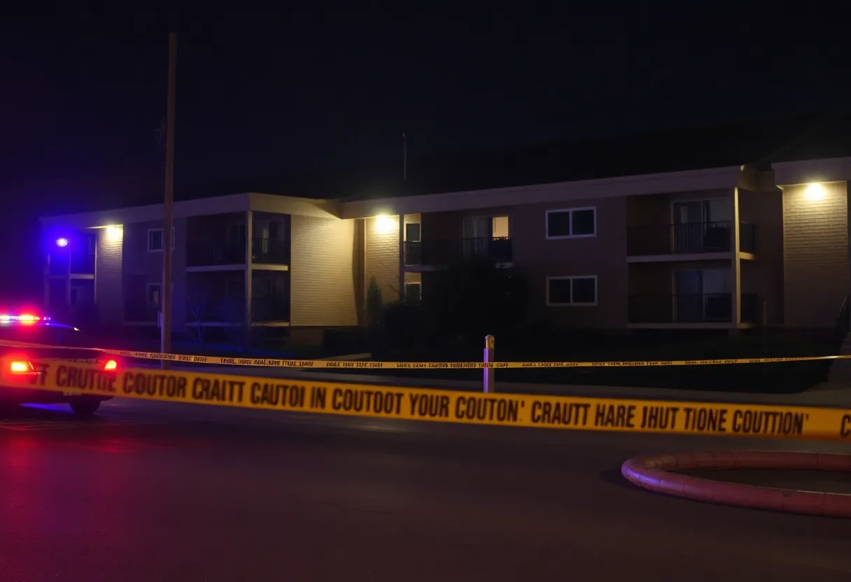 Police lights illuminating an apartment complex at night