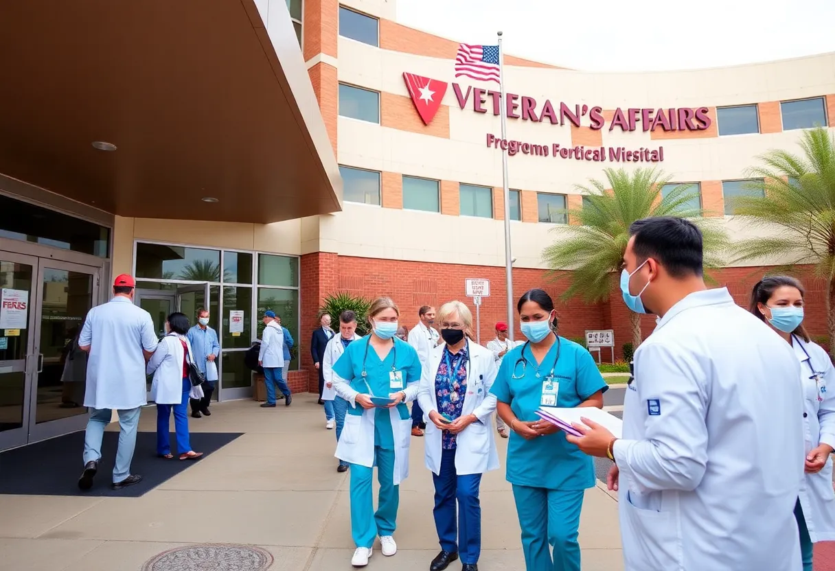 Exterior view of Phoenix VA Hospital with healthcare professionals