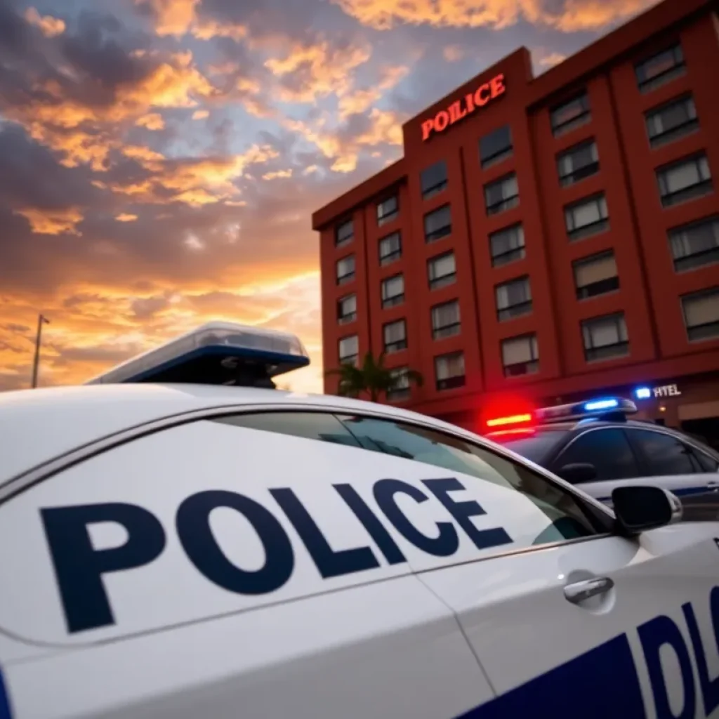 Police car in front of a hotel during an investigation