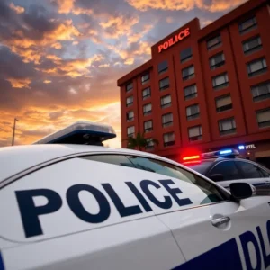 Police car in front of a hotel during an investigation