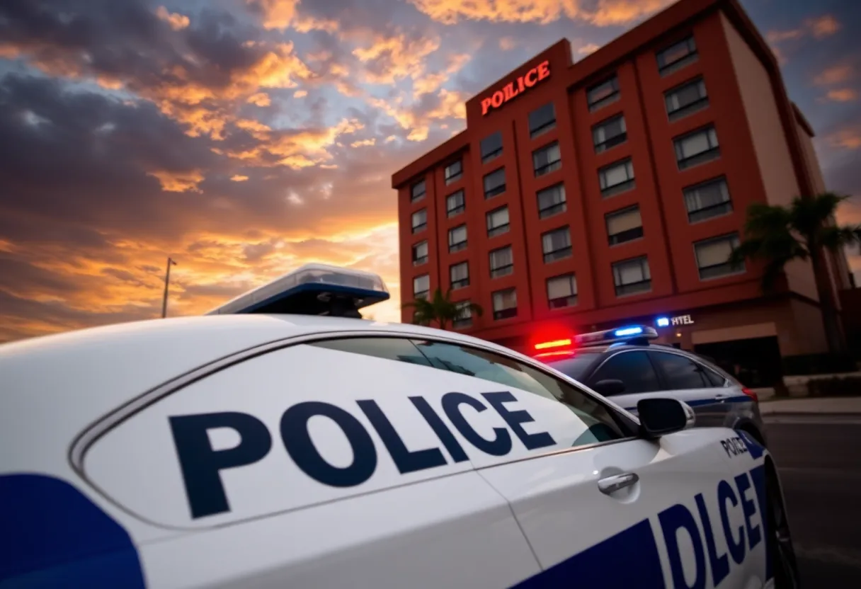 Police car in front of a hotel during an investigation