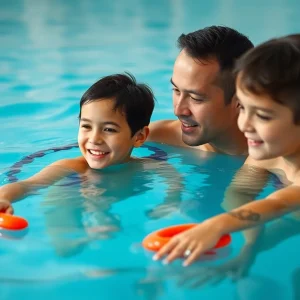 Family pool highlighting water safety equipment