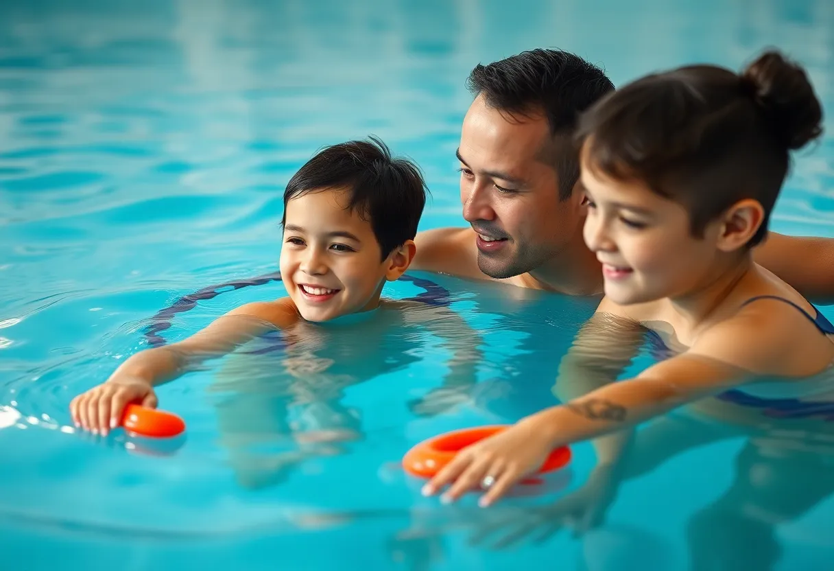 Family pool highlighting water safety equipment