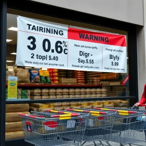 Retail store front with price warning banners due to tariffs