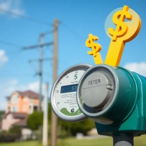 Utility meter indicating increase in charges with residential buildings in the background.